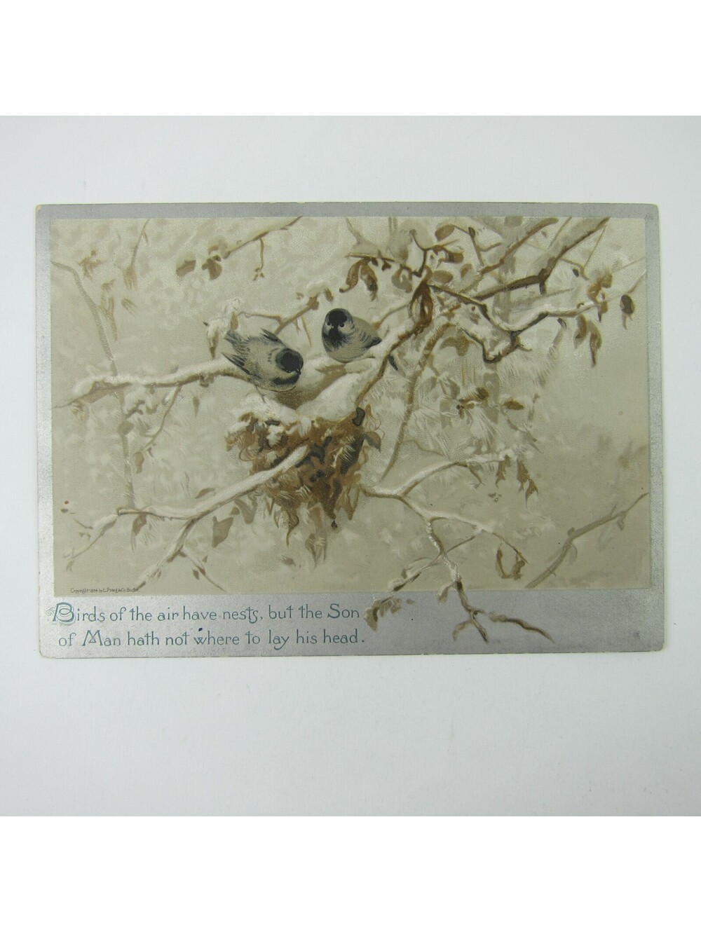 Victorian Greeting Card Birds in Tree Religious Silver Border Antique 1884